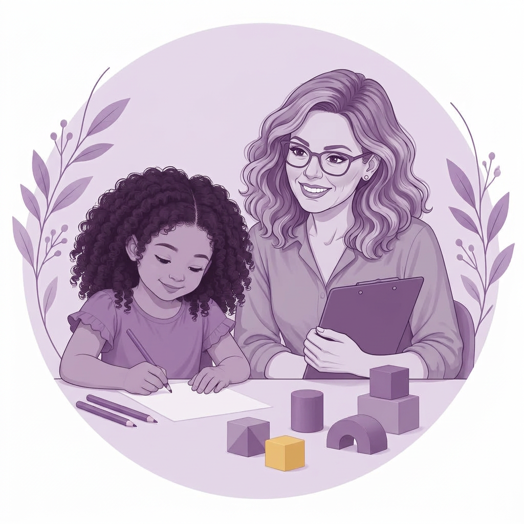 Ilustração de psicóloga observando criança que desenha à mesa, representando a avaliação psicológica