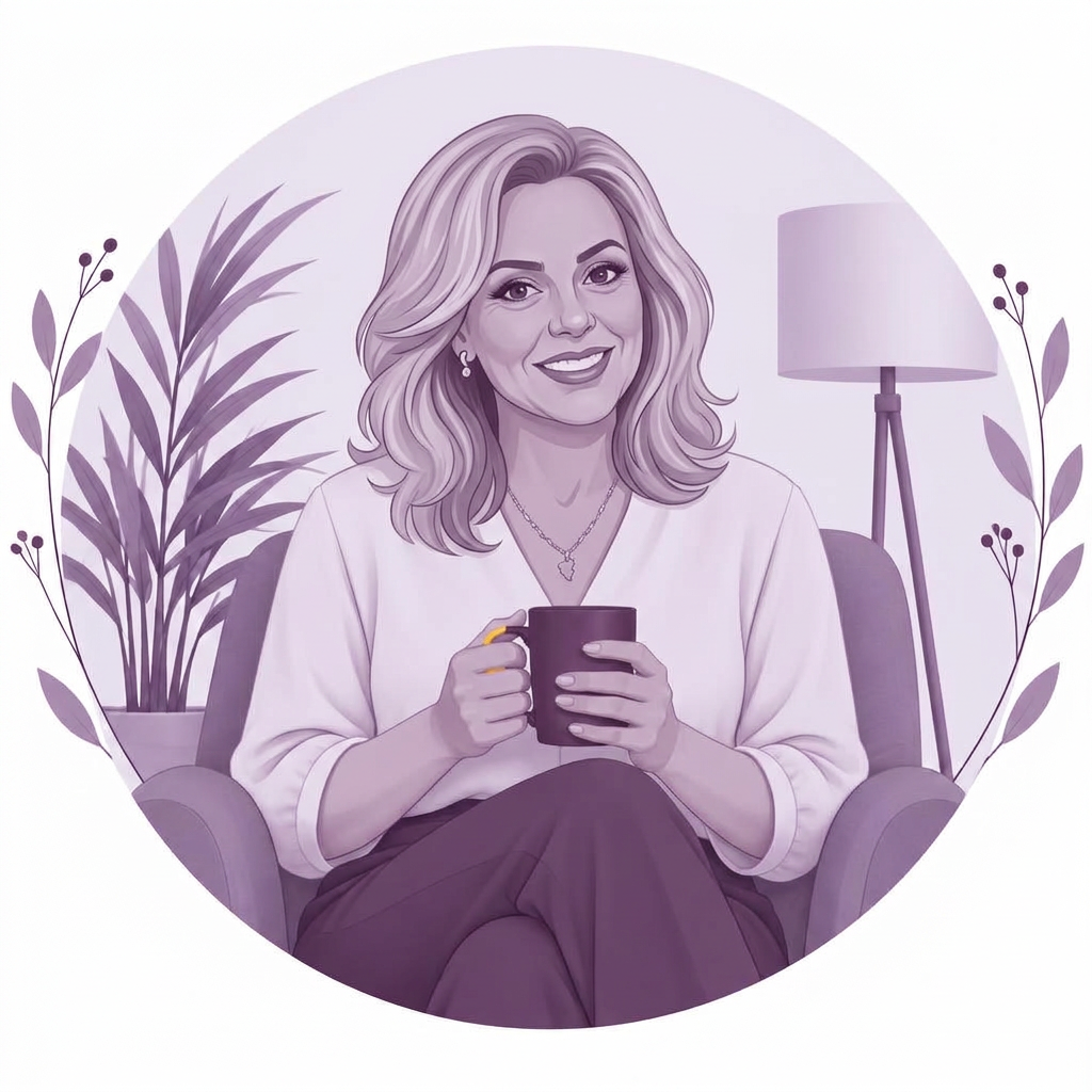 Ilustração de mulher adulta com uma caneca, sentada em uma poltrona em conversa tranquila, representando a psicoterapia